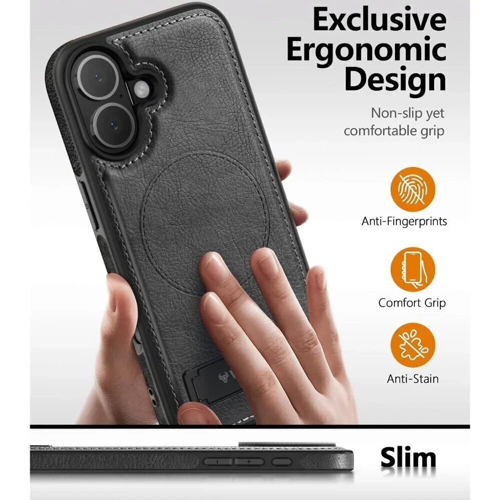 Black Iphone 17 Pro Max Invisible Stand Protective Slim Kickstand Leather Case